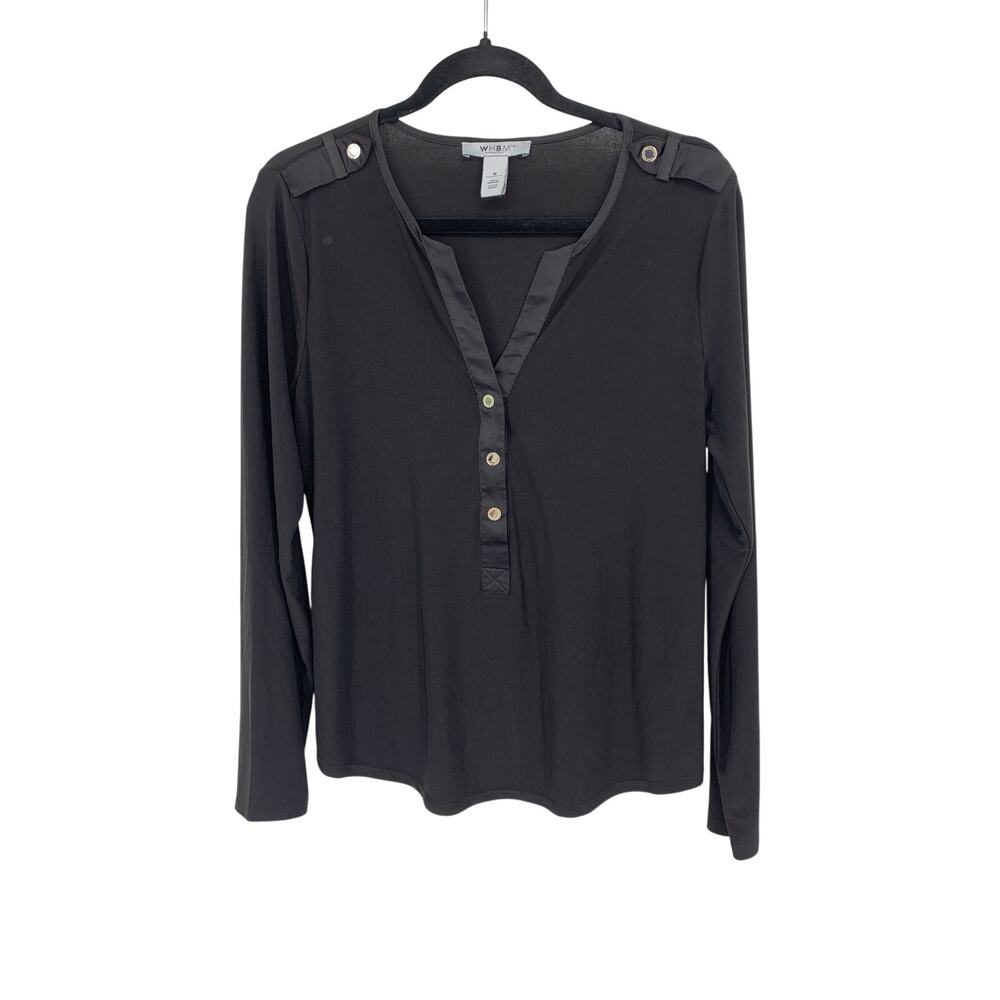 WHBM Top Womens Medium Black Split Neck Button Placket Gold Tone Crest Buttons